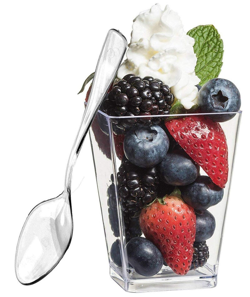 Zappy 50 5 oz Tall Square Clear Dessert Cups and 50 Tasting Spoons Dessert Glasses Shot Glasses Trifle Bowl Clear Disposable Plastic Dessert Tumbler Cups Party Cups - Image 1